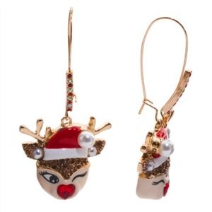 Betsey Johnson Winking Reindeer Shepherd  Earrings - Red, Gold, White